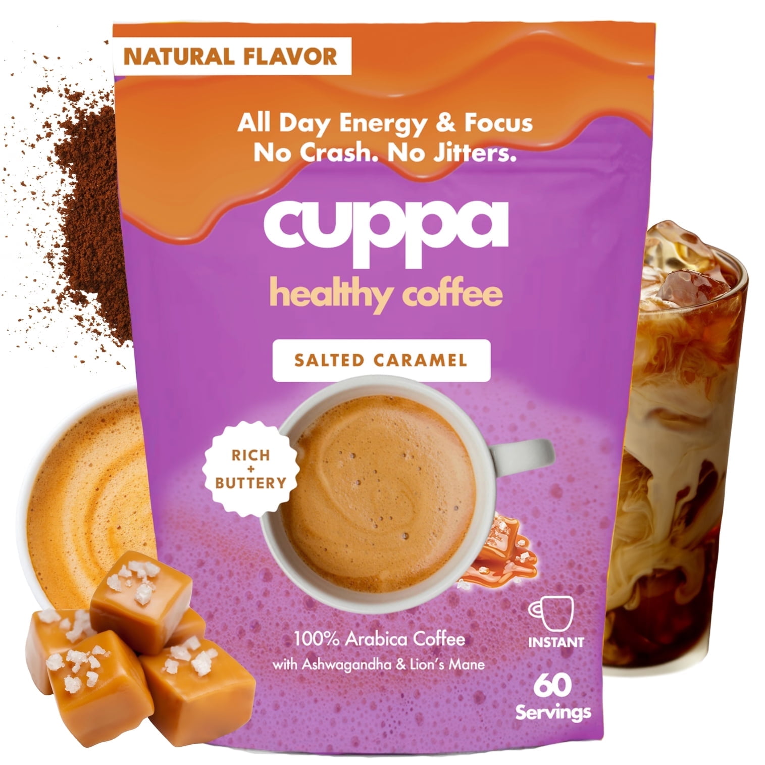 Cuppa Salted Caramel Healthy Mushroom Insant Coffee with Lion's Mane & Ashwagandha for All Day Energy & Focus - No Crash or Jitters (60 Servings)