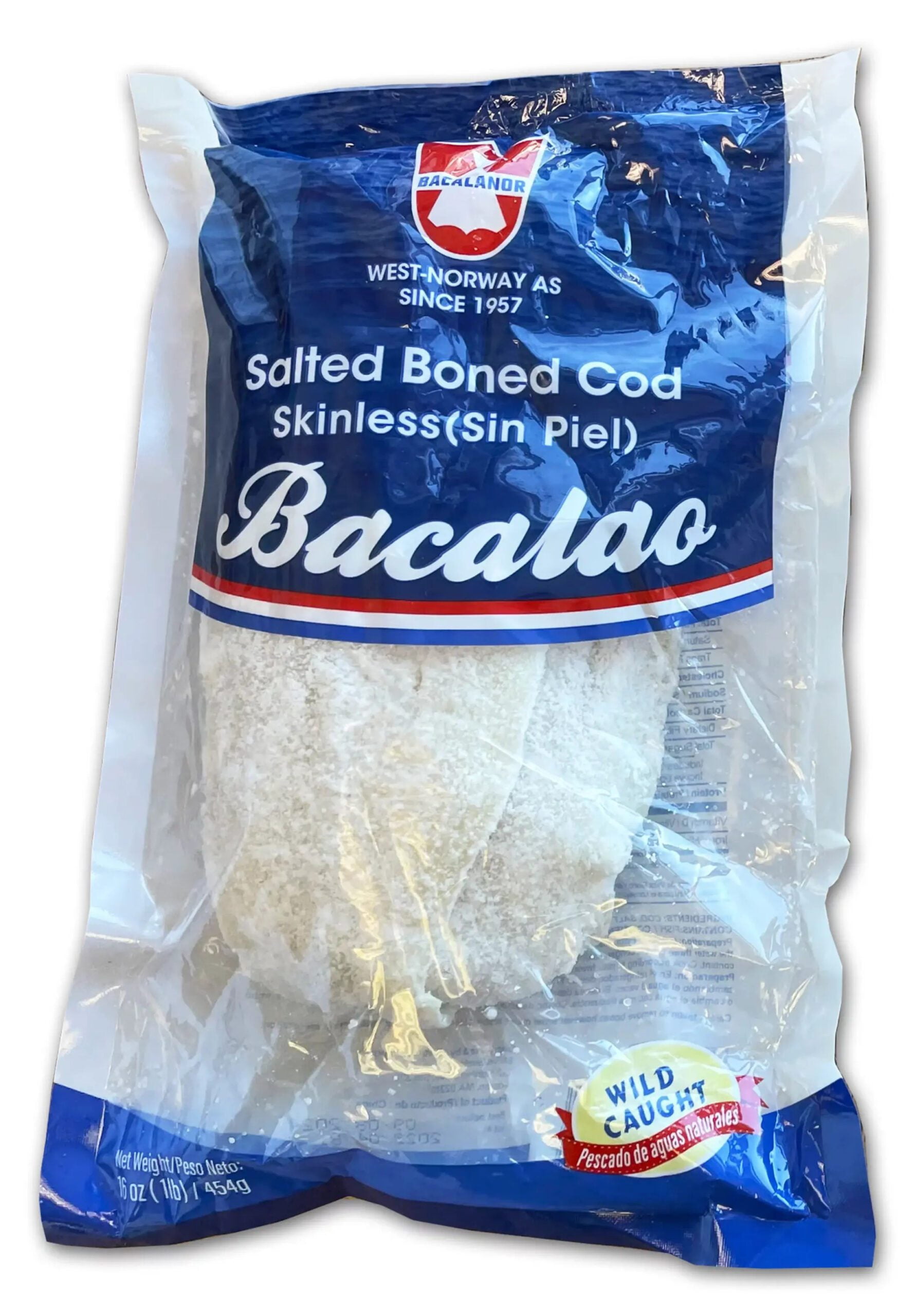 Salted Skinless Cod Fillet (Bacalao), 1 lb. Bag. MSC Certified. 13g Protein per Serving. Contains: Fish (Cod).