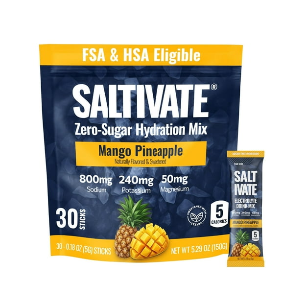 Saltivate Mango Pineapple Electrolyte Powder, 800mg Sodium, Sugar Free, Stevia-Sweetened, 30 Count
