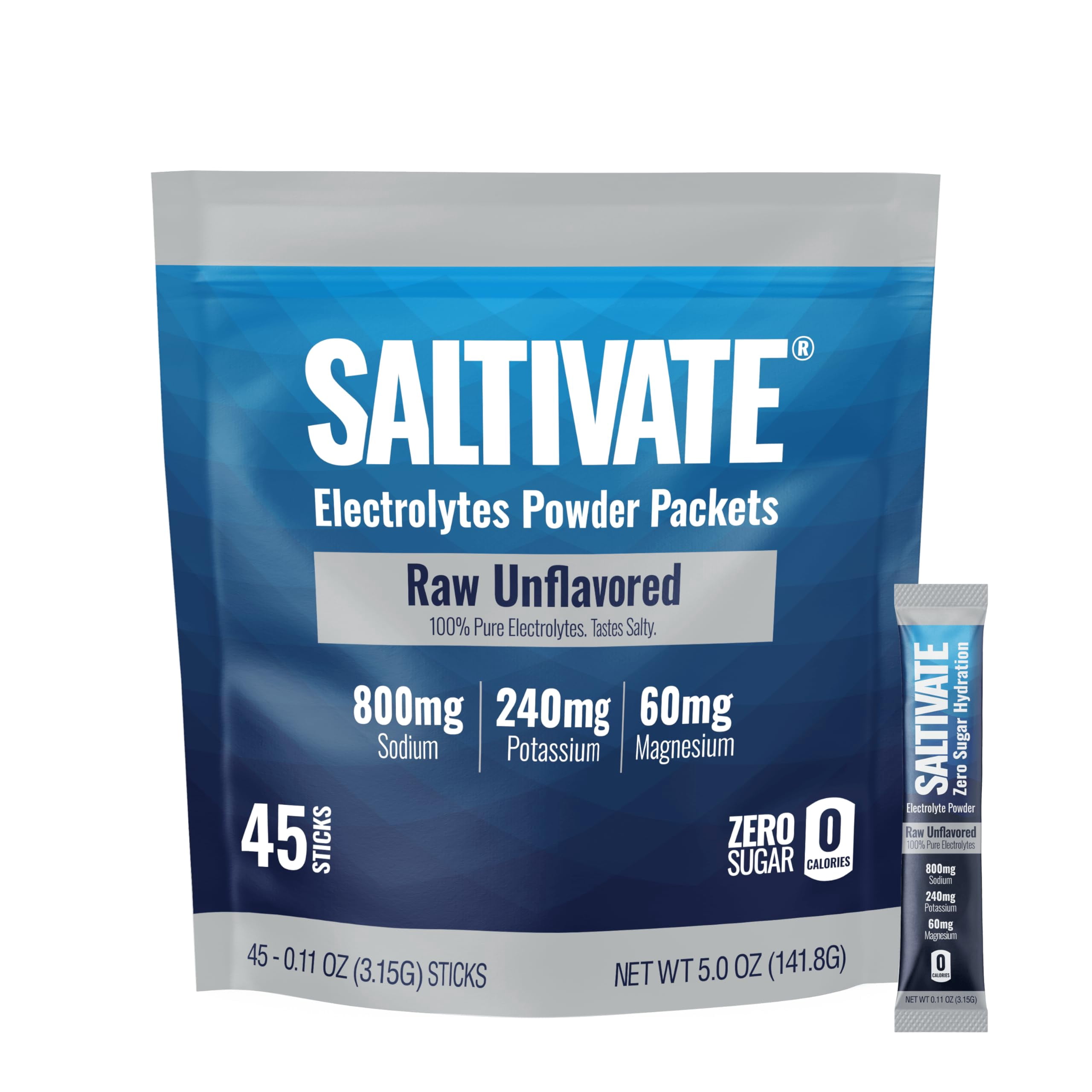 Saltivate Raw Unflavored Electrolyte Packets, Unsweetened, 45 Sticks