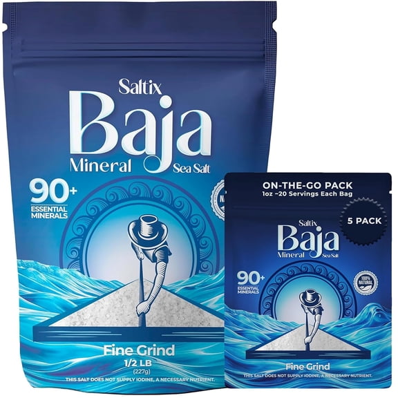 Saltix Baja Mineral Fine Grind Sea Salt Bundle  8 oz Bag + 5 On-The-Go Packs (1 oz Each) Resealable Bag, 100% Natural, Unrefined, Hand-Harvested, Mineral-Rich, Great for Cooking & Hydration