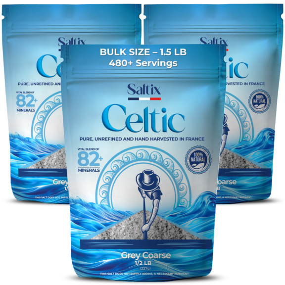 Saltix Grey Sea Salt Grey Coarse 1lb Harvested in France | 100% Natural, Organic and Unrefined | Rich in 82+ Minerals, Resealable bag (1/2lb 3 Pack)