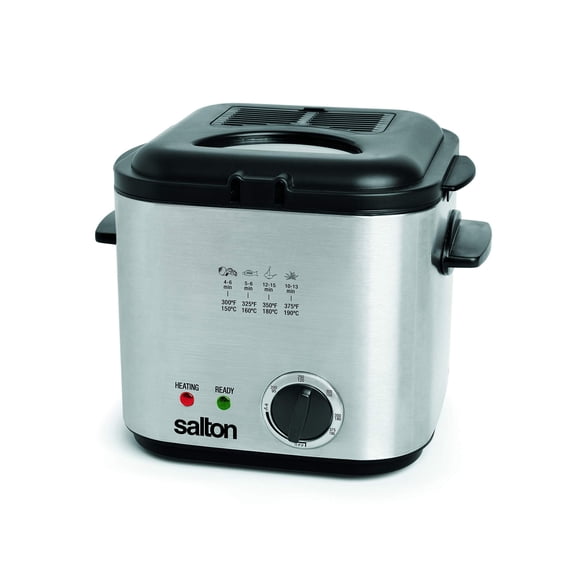 Salton Stainless Steel Construction Compact Deep Fryer, 1 Liter/Quart Oil Capacity with Wire Mesh Basket, Adjustable Temperature Control and Ready Lights, Two Part Filter System, 800 Watts (DF1539)
