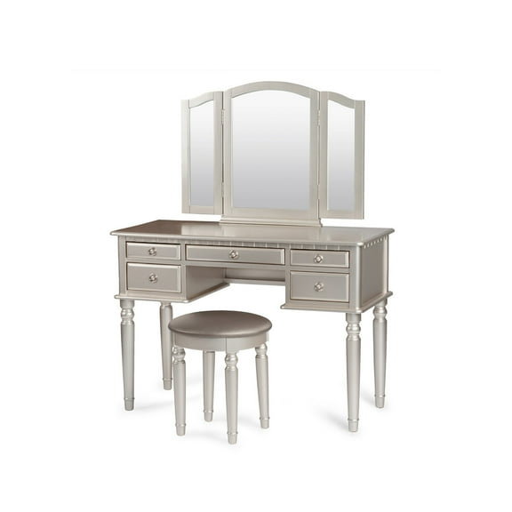 3 Piece Adult Elegant Functional 5 Drawers and Stool Table Set Silver