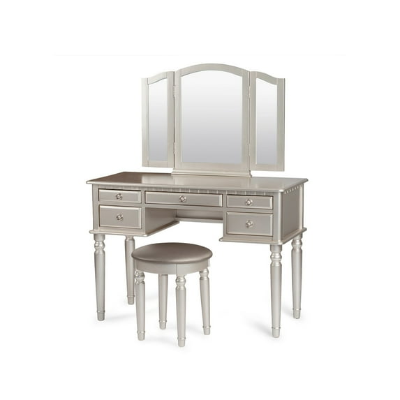 3 Piece Adult Elegant Functional 5 Drawers and Stool Table Set Silver