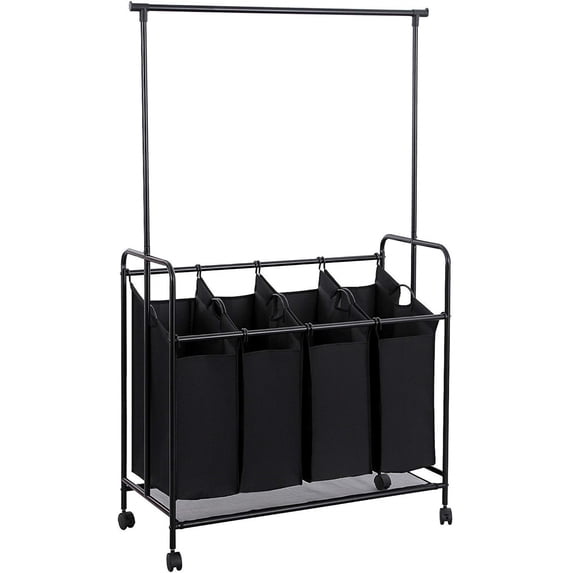 Saltoro Sherpi 4 Bag Metal Frame Laundry Storage Cart with Casters and Hanging Bar, Black