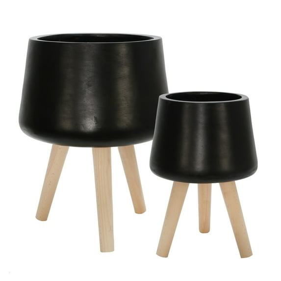 Saltoro Sherpi Ceramic Body Planter with Wooden Leg Support, Set of 2, Black and Brown