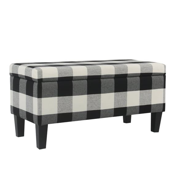 Saltoro Sherpi Checkered Pattern Fabric Upholstered Storage Bench With Tapered Wood Legs, Large, Black and White