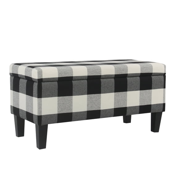 Saltoro Sherpi Checkered Pattern Fabric Upholstered Storage Bench With Tapered Wood Legs, Large, Black and White