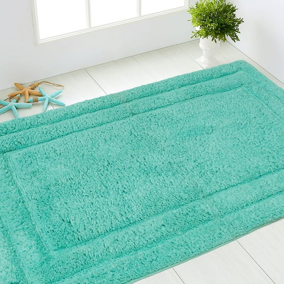 Saltoro Sherpi Foldable 2 Piece Cotton Bath Rug Set, Turquoise Blue