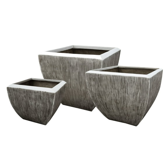 Hand Made Square Flower pot with Ribbed Design, White, Set of 3