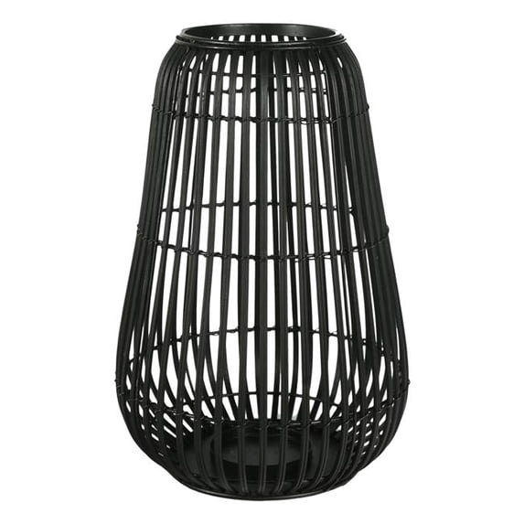 Benzara Metal Frame Bellied Lantern with Wooden Lattice Design, Small, Black