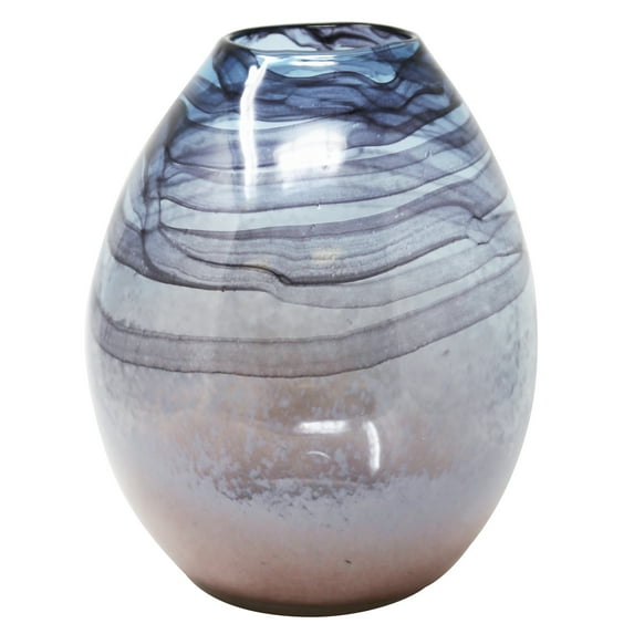 Saltoro Sherpi Pot Bellied Glass Vase with Swirl Pattern, Gray and Blue