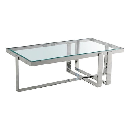Saltoro Sherpi Rectangular Glass Top Coffee Table with Metal Frame Base, Silver and Clear