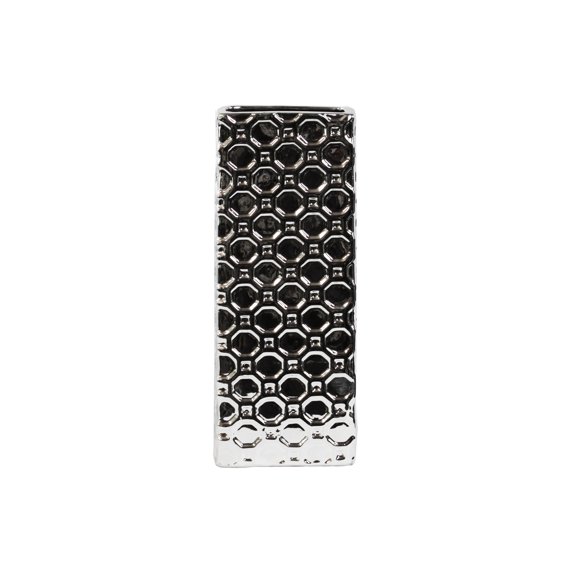 Saltoro Sherpi Rectangular Porcelain Vase In Octagonal Pattern, Large, Silver
