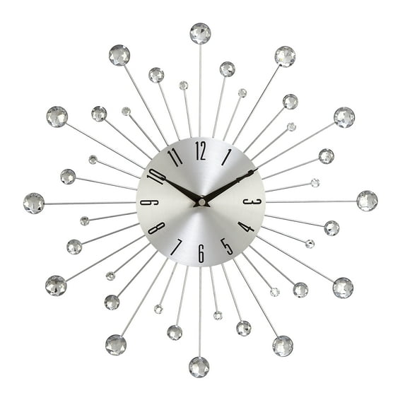 Benjara BM216453 Round Metal Frame Wall Clock with Sunburst Design, Silver