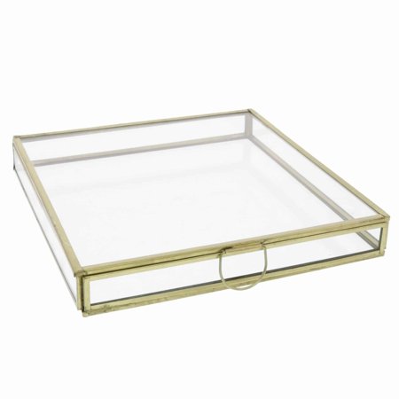 Benzara Square Metal and Glass Frame Storage Box with U Shape Hanger, Medium, Gold