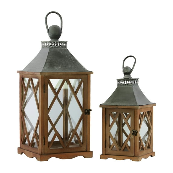 Saltoro Sherpi Temple Design Wooden Lantern with Ring Handle, Set of 2, Brown