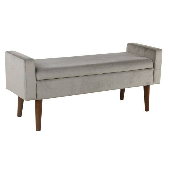 Saltoro Sherpi Velvet Upholstered Wooden Bench with Lift Top Storage and Tapered Feet, Gray