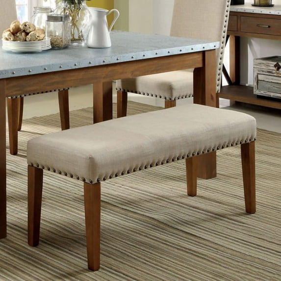 Saltoro Sherpi Walsh Industrial Bench With Ivory Color Flax Fabric, Natural Wood