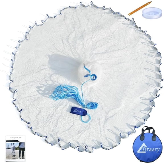 Saltwater American Fishing Cast Net 3/8inch Mesh Size for Bait Shrimp Trap Fish Heavy Duty Sinkers Throw Net 3FT/4FT/5FT/6FT/7FT/8FT/9FT/10FT Radius