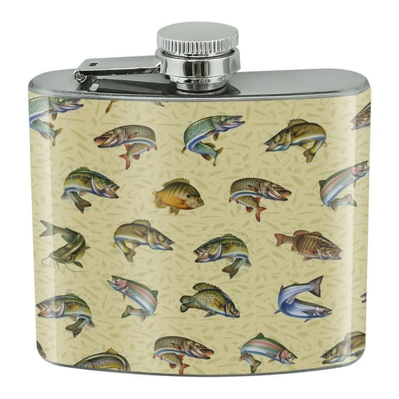 Saltwater Deep Sea Game Fish Fishing Pattern Stainless Steel 5oz Hip Drink Kidney Flask
