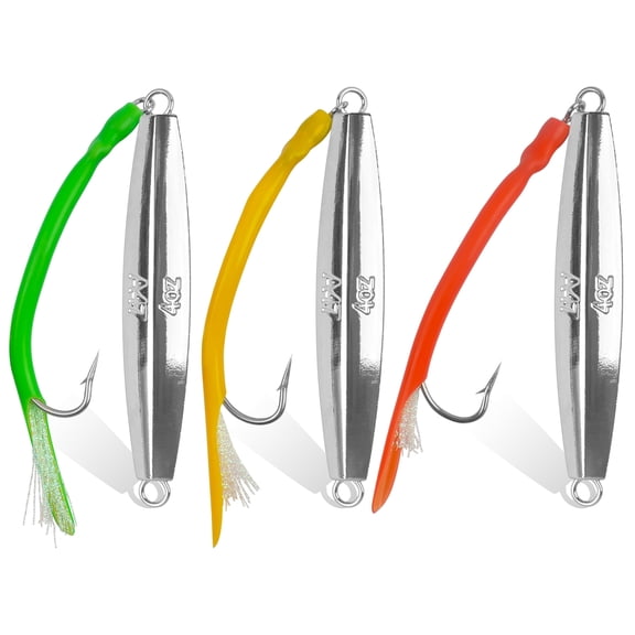 Saltwater Diamond Jigs Fishing Lures Spoons with Tube Tail Flashing Teaser Stainless Steel J Hook for Offshore Trolling Striper Bass Cod Big Game Fishing 1oz,2oz,3oz,4oz