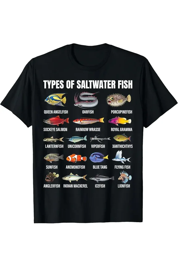 Saltwater Fish Species Identification Chart Unisex Gift for Fisherman Educational Graphic Short Sleeve T-Shirt