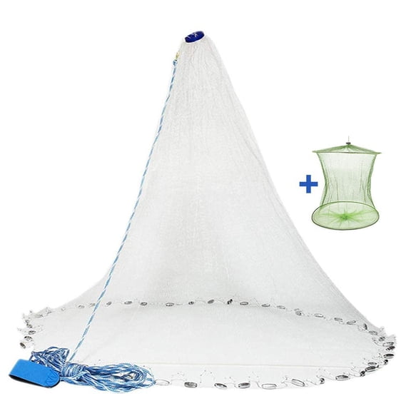 Saltwater Fishing Cast Net for Bait Trap Fish 3ft/4ft/5ft/6ft/7ft/8ft/9ft/10ft Radius Casting Nets with Heavy Duty Real Zinc Sinker Weights, 3/8inch Mesh Size
