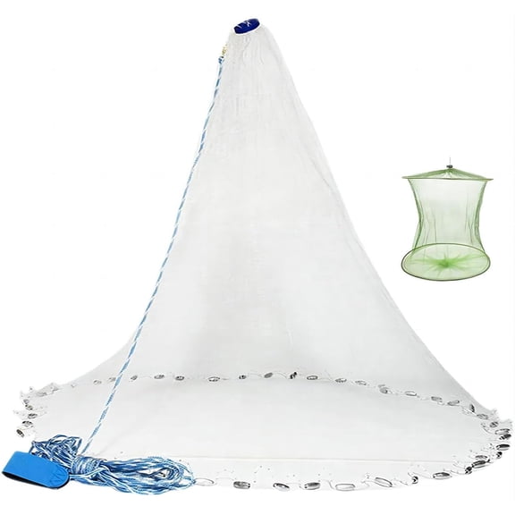 Saltwater Fishing Cast Net for Bait Trap Fish 3ft/4ft/5ft/6ft/7ft/8ft/9ft/10ft Radius Casting Nets with Heavy Duty Real Zinc Sinker Weights, 3/8inch Mesh Size