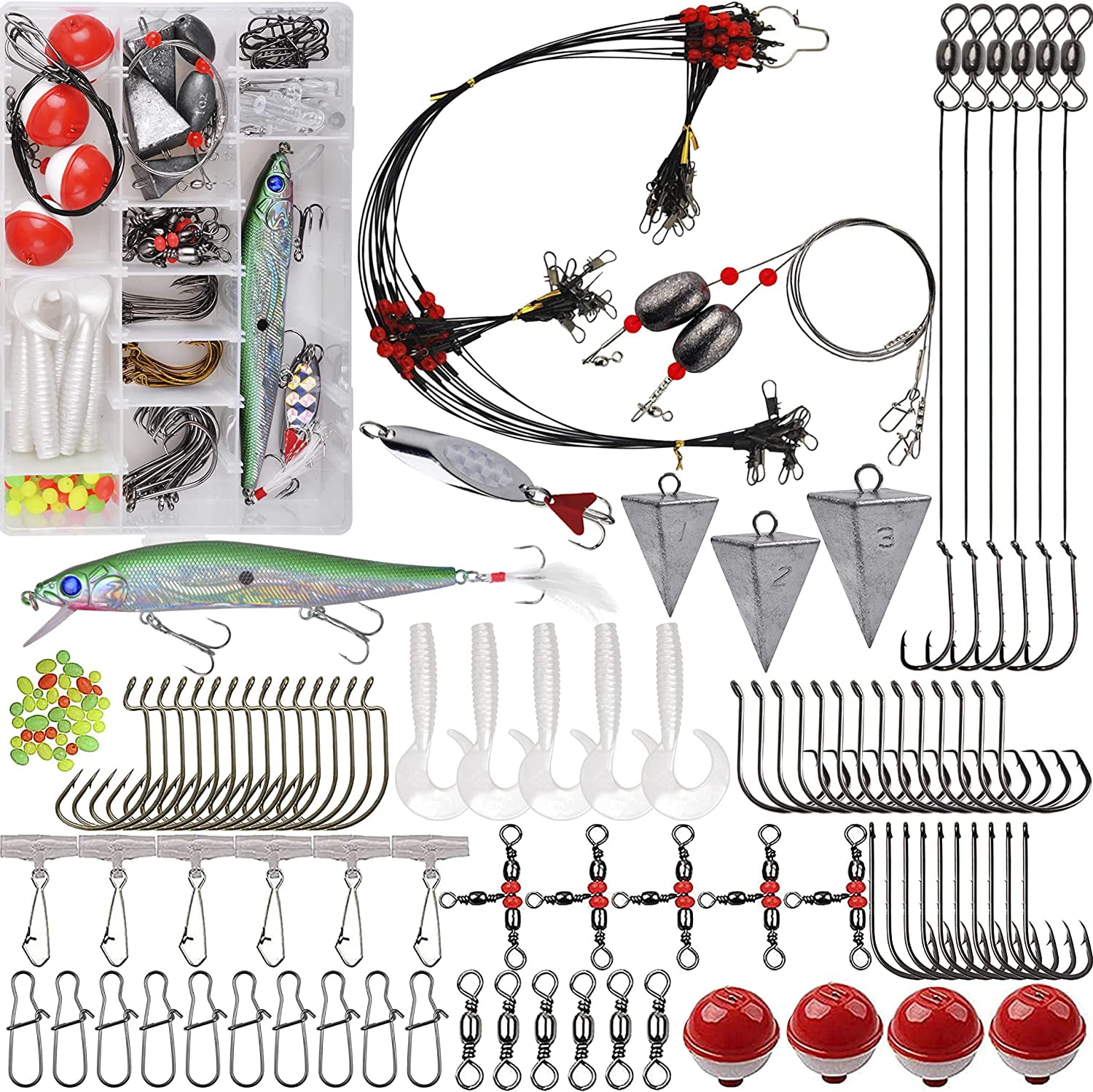  Saltwater Surf Fishing Tackle Kit, 173pcs Ocean Saltwater  Fishing Gear Saltwater Fishing Lures Surf Fishing Rigs Fish Finder Rigs  Pompano Rigs Pyramid Sinker Weight Hooks Swivels Gear Equipment : Sports