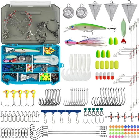 Saltwater Fishing Tackle Kit Surf Fishing Gear Ocean Saltwater Lures Set Fishing Finder Rigs Pompano Rig Pyramid Sinkers Leaders Fishing Hooks Swivels Ocean Beach Fishing Accessories