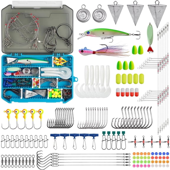 Saltwater Fishing Tackle Kit Surf Fishing Gear Ocean Saltwater Lures Set Fishing Finder Rigs Pompano Rig Pyramid Sinkers Leaders Fishing Hooks Swivels Ocean Beach Fishing Accessories