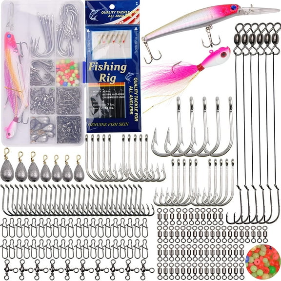 Saltwater Fishing Tackle Kit with Box, 226pcs Surf Fishing Bait Rigs Fishing Hooks Hard Bait Minnow Bucktail Jig Weights Fishing Swivel Snaps
