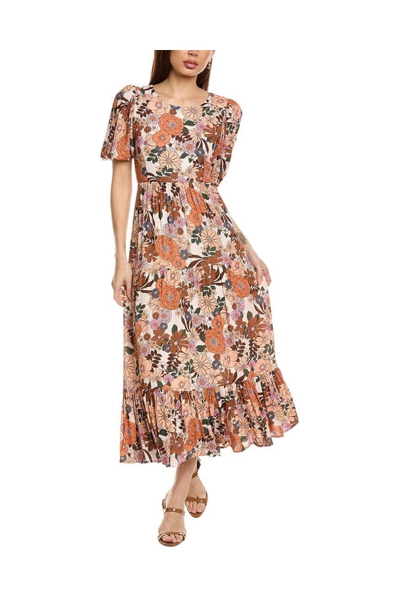 womens  Puff Sleeve Midi Dress, s, Brown