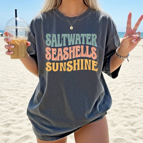 Saltwater Seashells Sunshine T-Shirt: Pastel Retro Beach Tee All Size S-5Xl