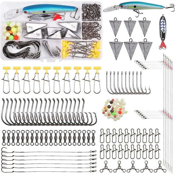 Saltwater Surf Fishing Tackle Kit 136pcs Fish Finder Rigs Bait Rigs Include Pyramid Sinker Weights Sinker Slider Minnow Spoons Fishing Hooks Swivels Leaders Beach Ocean Fishing Gear Accessories