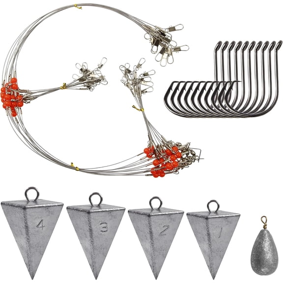 Saltwater Surf Fishing Tackle Kit - Saltwater Surf Fishing Rigs Bottom Rigs Include Fishing Leader Rigs Pyramid Sinkers Bass Casting Sinker Circle Hooks for Striped Bass Red Drum Flounder