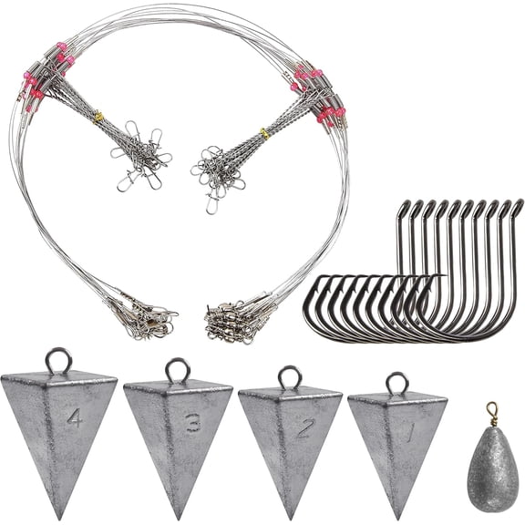 Saltwater Surf Fishing Tackle Kit - Saltwater Surf Fishing Rigs Bottom Rigs Include Fishing Leader Rigs Pyramid Sinkers Bass Casting Sinker Circle Hooks for Striped Bass Red Drum Flounder