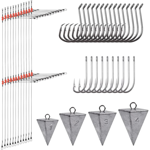 Saltwater Surf Fishing Tackle Kit, Surf Fishing Rigs Include Wire Leader Pyramid Sinker Weight Hooks Bottom Rigs Fishing Beach Ocean Saltwater