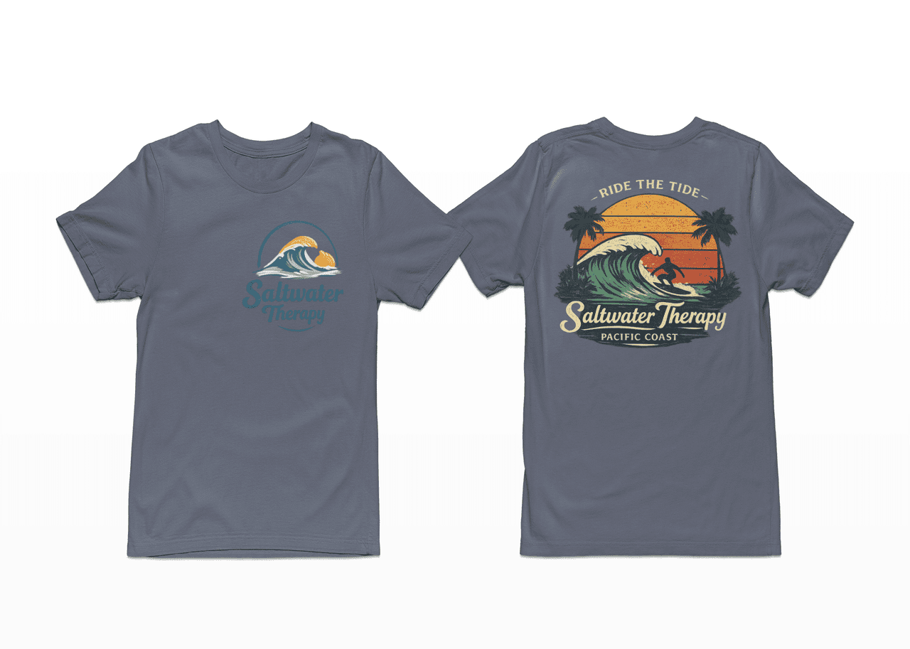 Saltwater Therapy Surf T-Shirt – Ride the Tide Beach Graphic Tee, Front & Back Print Coastal Shirt, Unisex Crewneck