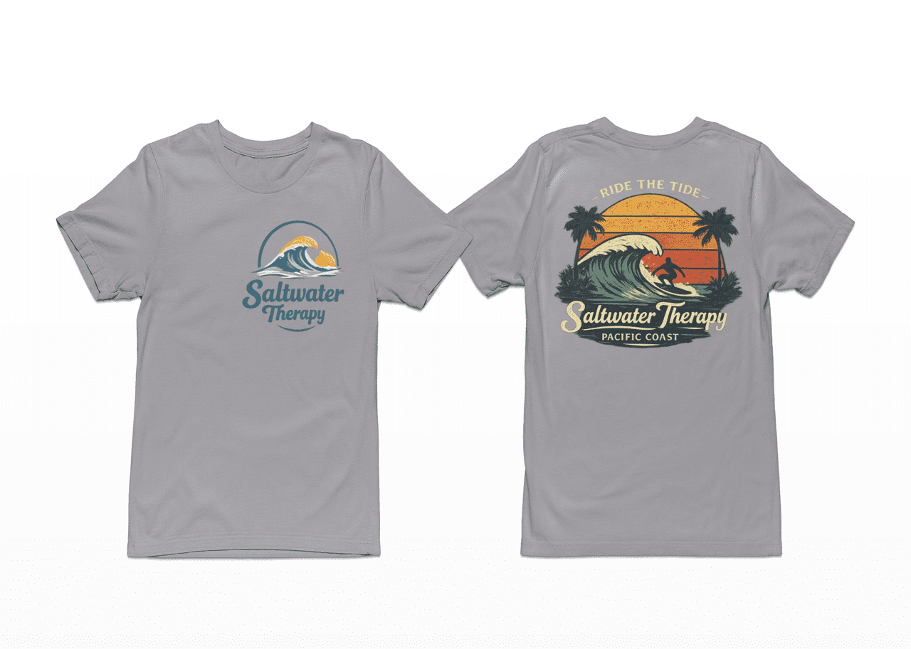 Saltwater Therapy Surf T-Shirt – Ride the Tide Beach Graphic Tee, Front & Back Print Coastal Shirt, Unisex Crewneck