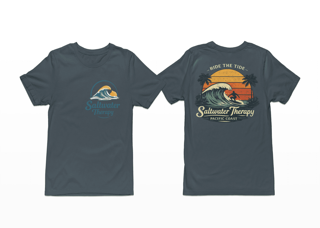 Saltwater Therapy Surf T-Shirt – Ride the Tide Beach Graphic Tee, Front & Back Print Coastal Shirt, Unisex Crewneck