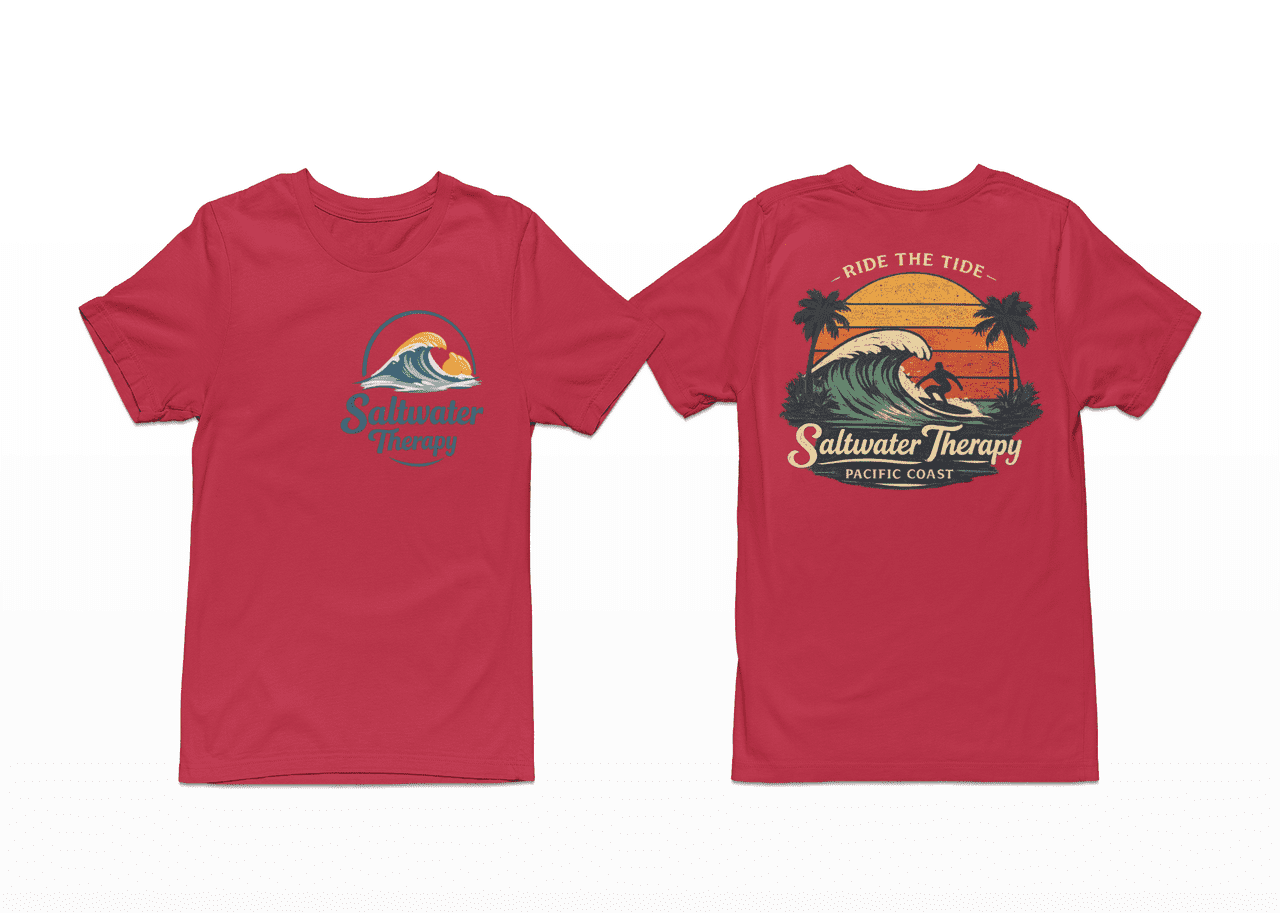 Saltwater Therapy Surf T-Shirt – Ride the Tide Beach Graphic Tee, Front & Back Print Coastal Shirt, Unisex Crewneck