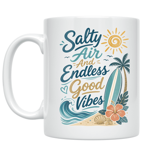 Salty Air And Endless Good Vibes - Beach Life Enthusiast - 11 oz Ceramic Coffee Mug