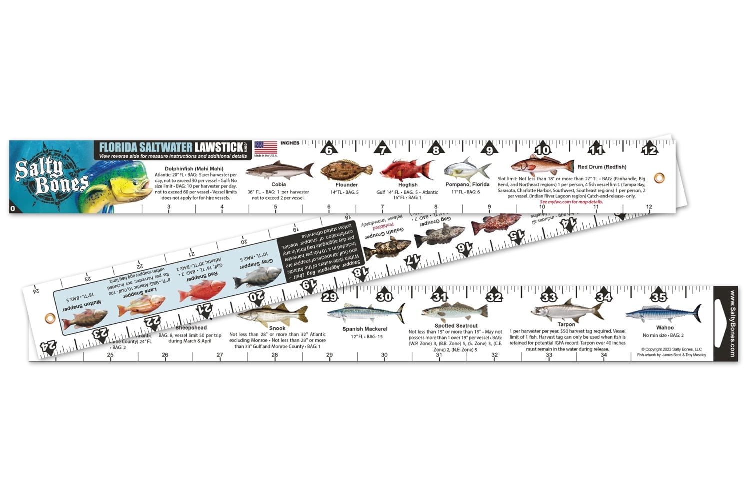 Salty Bones Florida Saltwater Lawstick - Double-Sided 36" Folding Fishing Ruler -