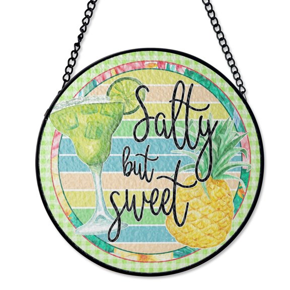 Salty But Sweet Margarita Beach Suncatcher, Stained Glass Style UV Printed Glass, Summer Cocktail Vacation Gift, Round