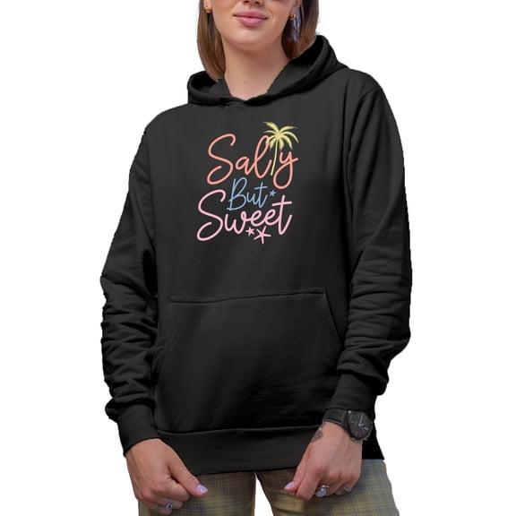 Salty But Sweet Quote feat. a Palm Tree Art, Beach Themed Merch Gift, Black Hooded Sweatshirt or Hoodie, 2XL