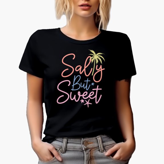 Salty But Sweet Quote feat. a Palm Tree Art, Beach Themed Merch Gift, Black T-Shirt, Small