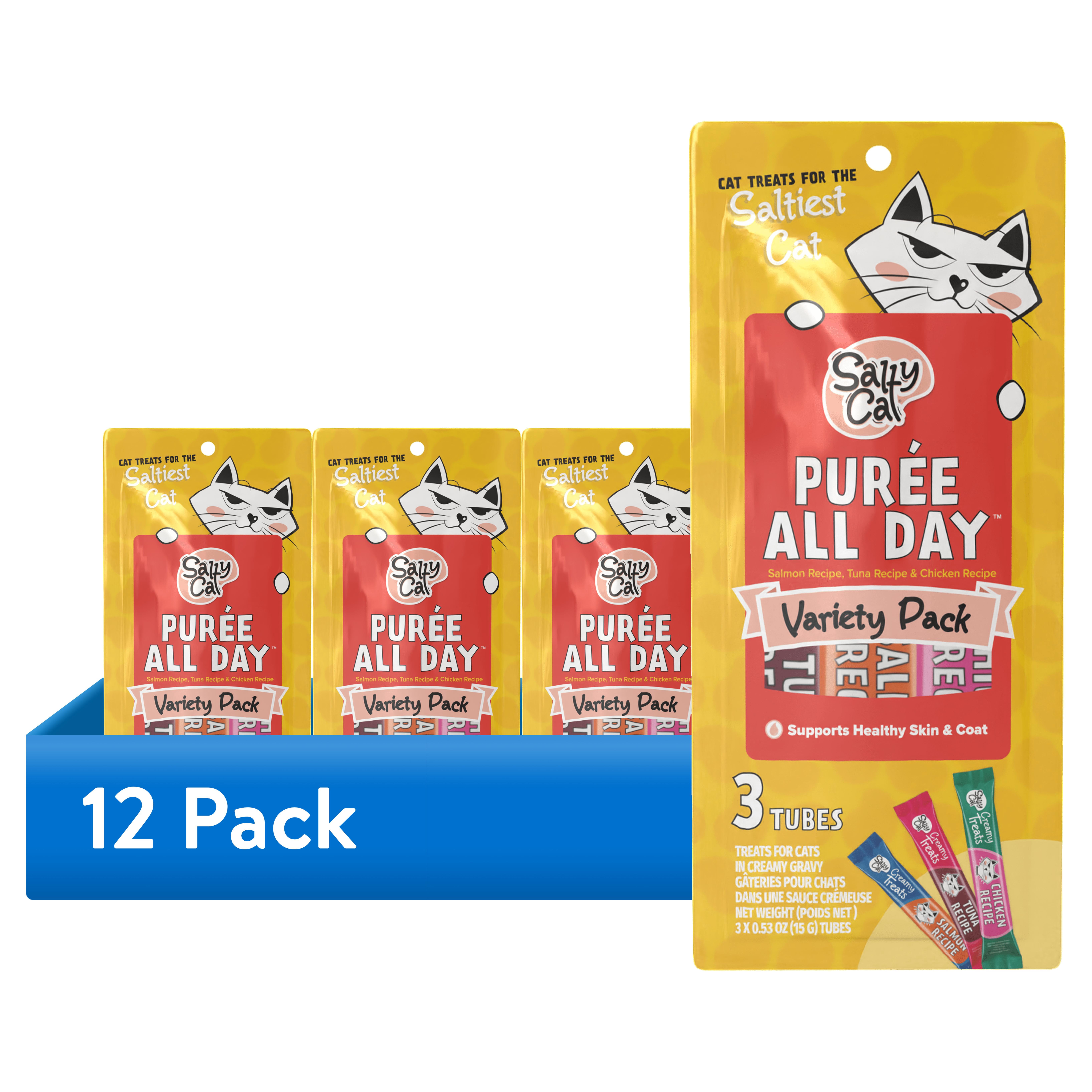 (12 pack) Salty Cat Purée All Day Everyday Tube Treat - Variety Pack - 3 Pack (pouch)